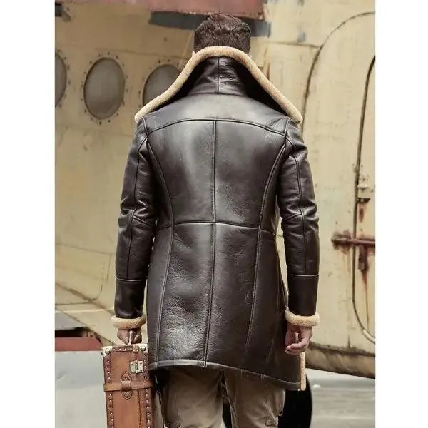 Men's Aviator B3 Flight Sheepskin Long Winter Coats Fur Bomber Leather Jacket