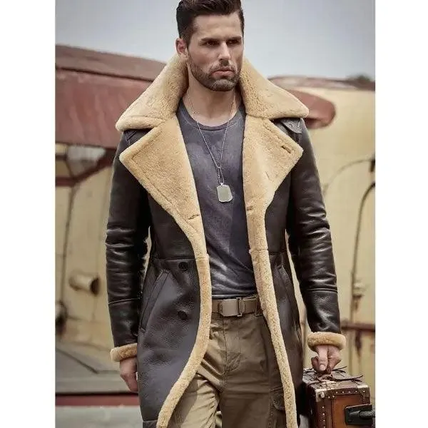 Men's Aviator B3 Flight Sheepskin Long Winter Coats Fur Bomber Leather Jacket