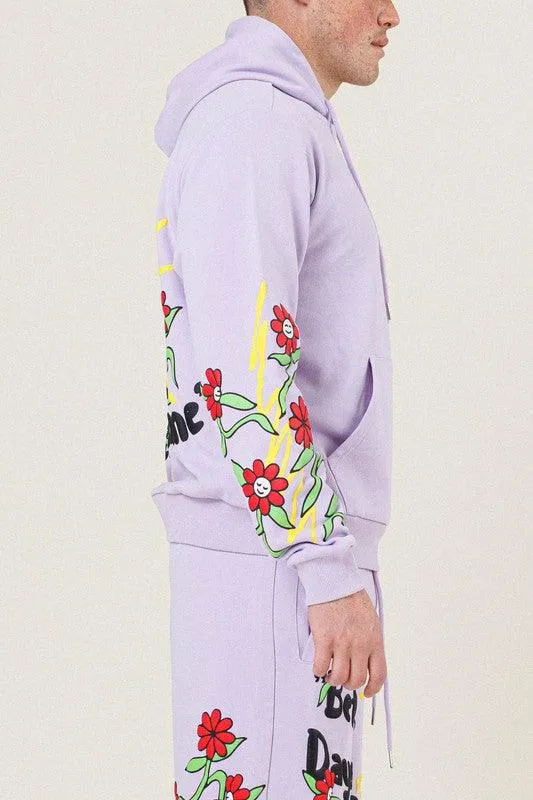 Mens Pink Flower Graphic Terry Pullover