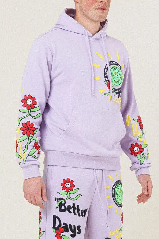 Mens Pink Flower Graphic Terry Pullover