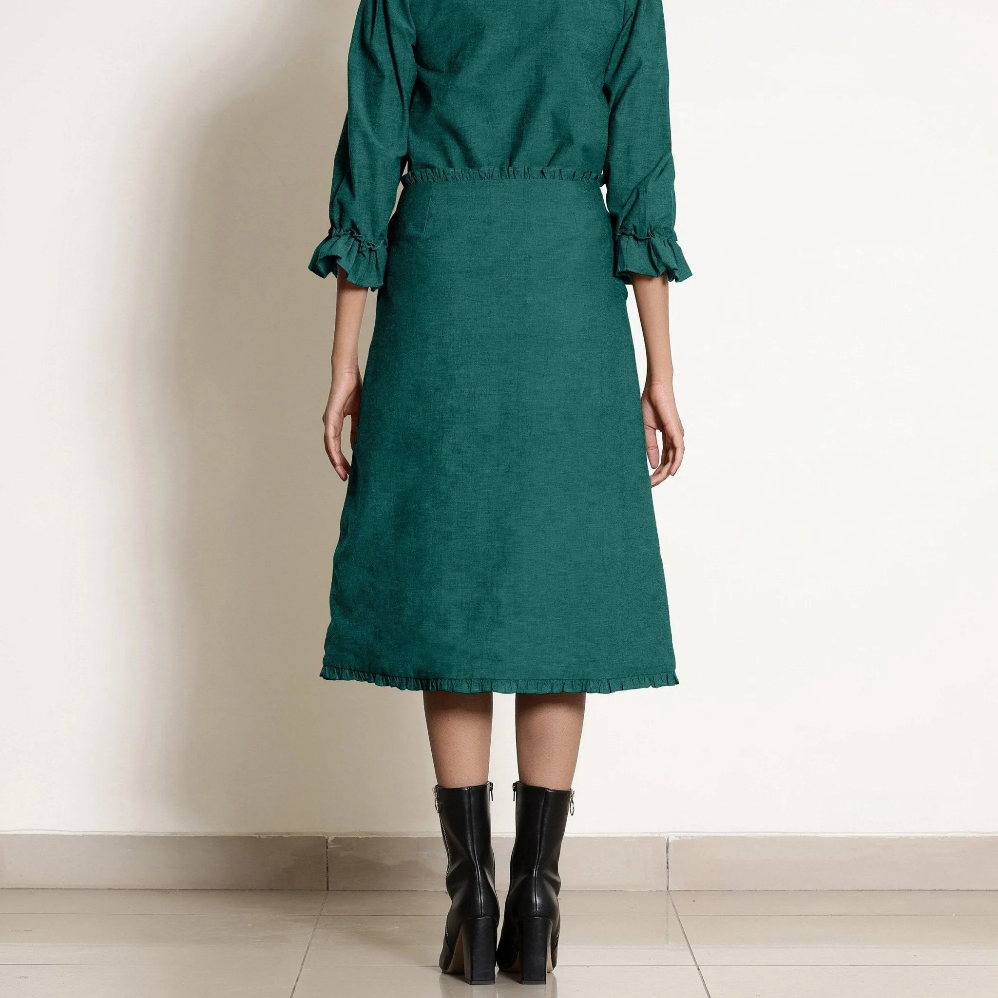 Pine Green Warm Cotton Frilled Midi Skirt