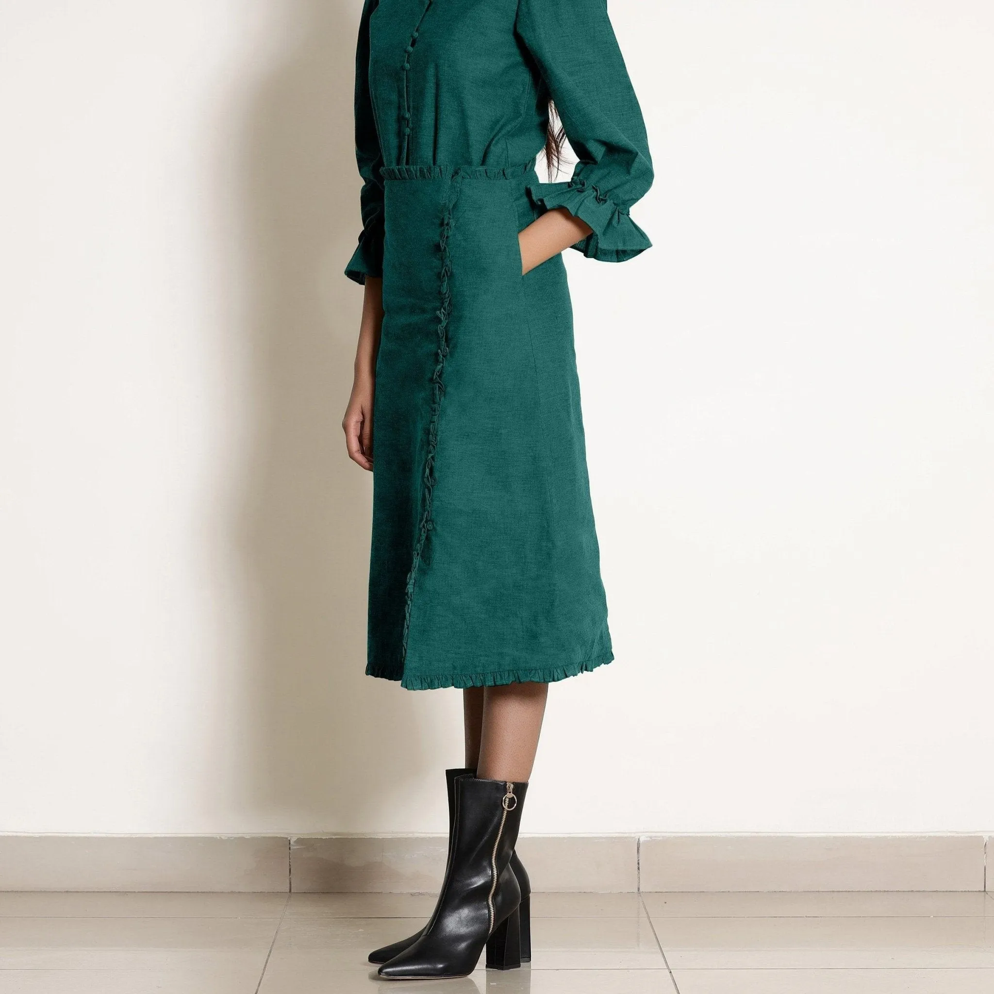 Pine Green Warm Cotton Frilled Midi Skirt