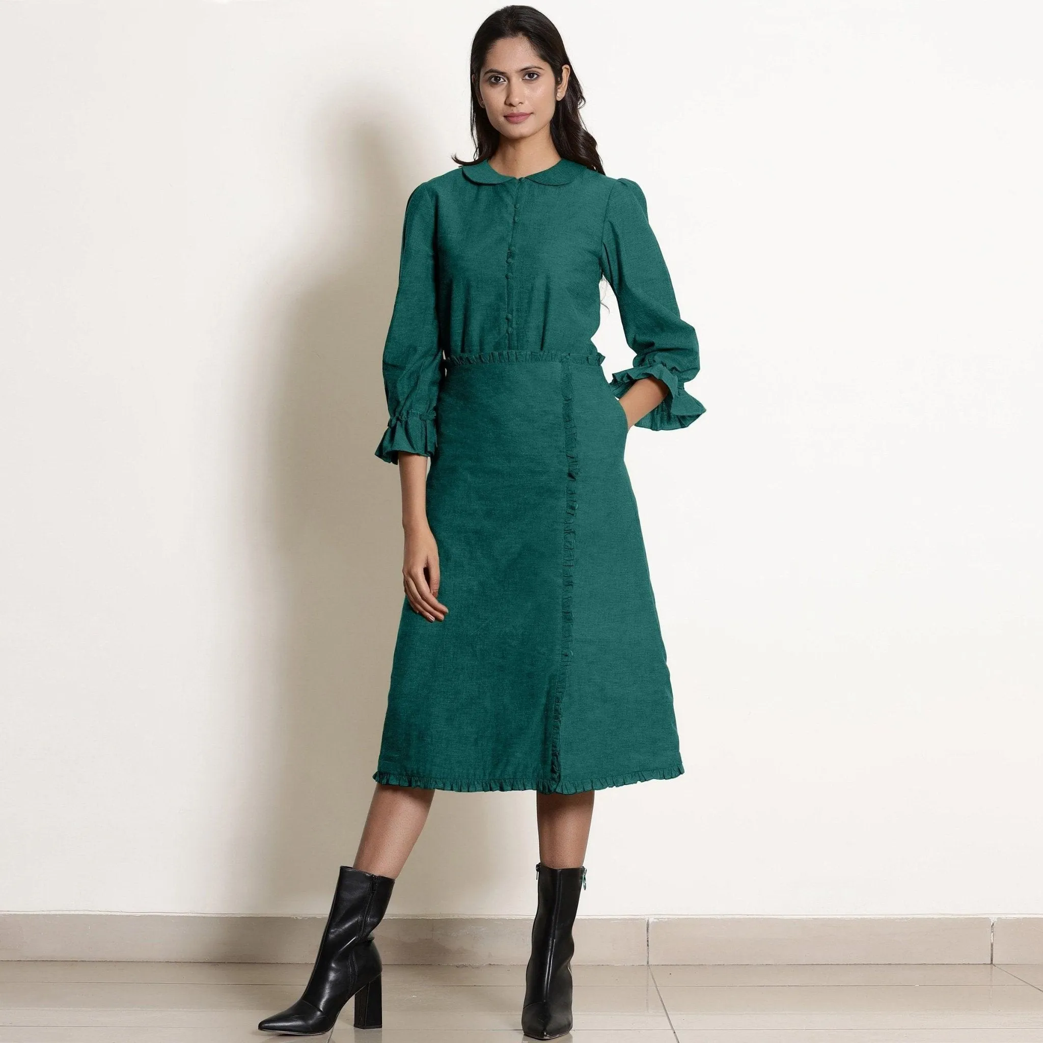 Pine Green Warm Cotton Frilled Midi Skirt