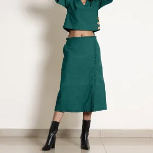 Pine Green Warm Cotton Frilled Midi Skirt