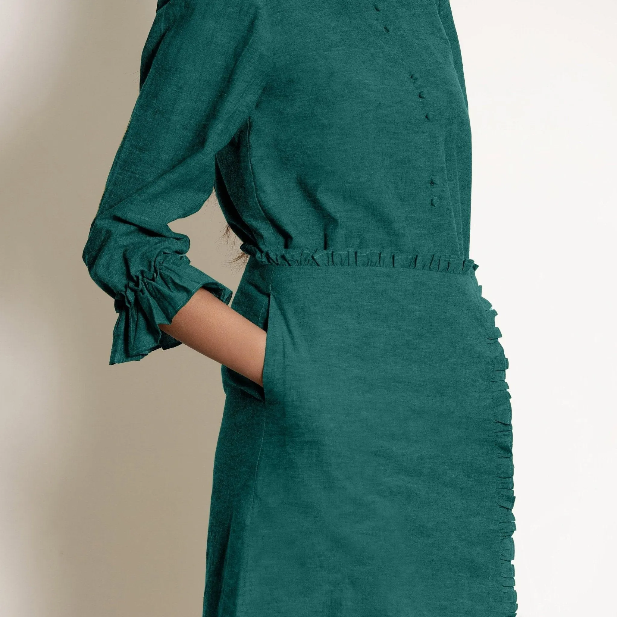 Pine Green Warm Cotton Frilled Midi Skirt