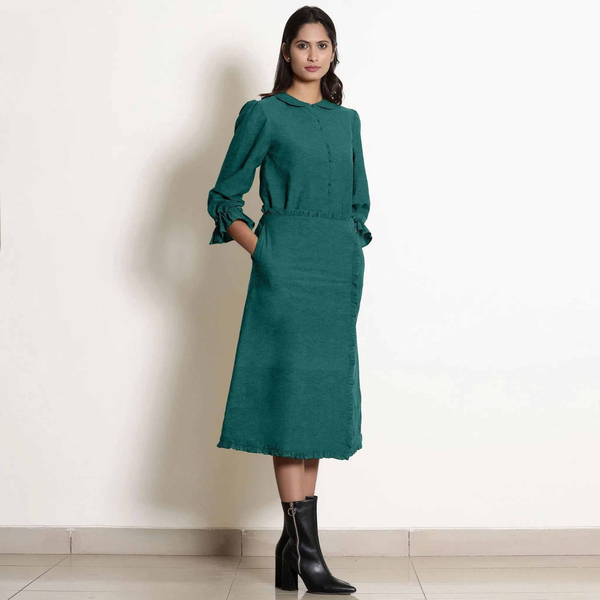 Pine Green Warm Cotton Frilled Midi Skirt