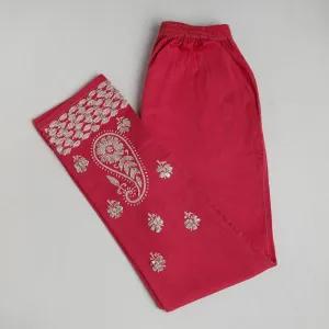 Pink - Lucknow Chikankari Hand Embroidery Gota Patti Work Cotton Pant (Free Size)