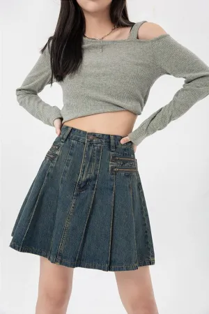 Pleated Denim Mini Skirt