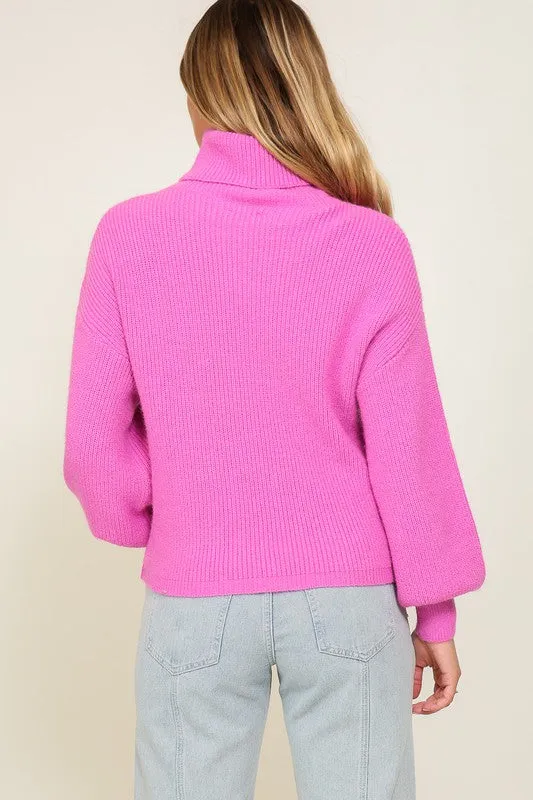 Rib Knitted Turtleneck Sweater with Bishop Sleeve