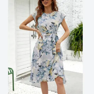 Short Sleeve Round Neck Pleated Flowy Dress Wholesale Dresses