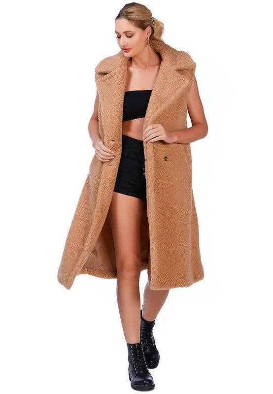 Sleeveless Double Breasted Teddy Coat