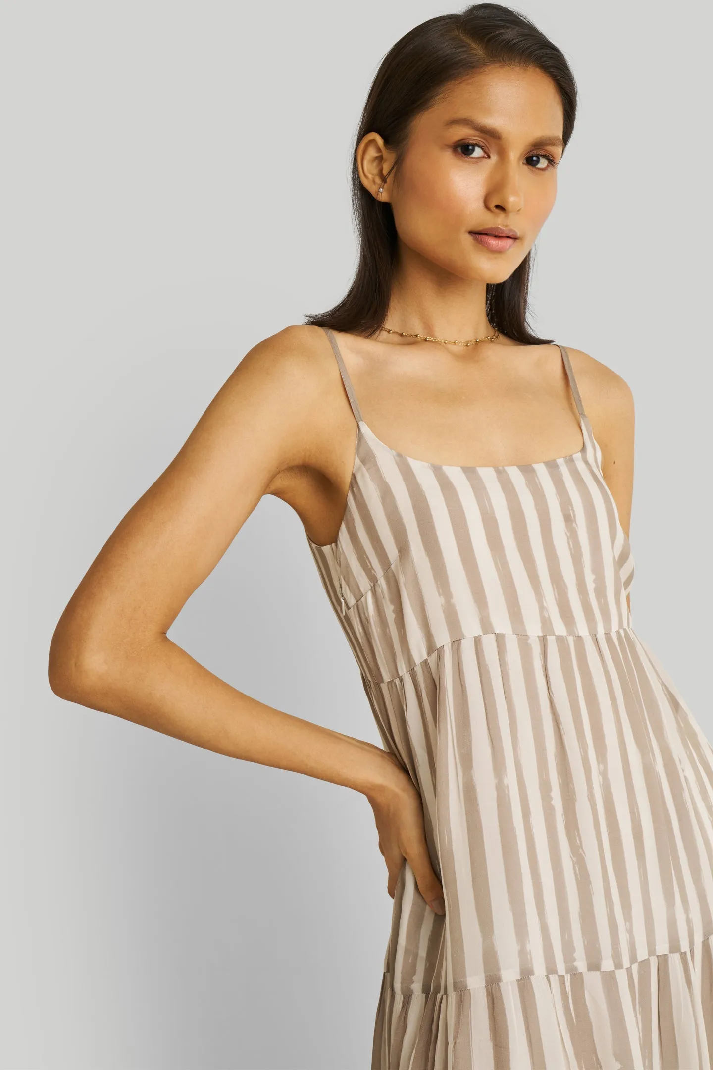 Strappy Tiered Maxi Dress in Beige Stripes