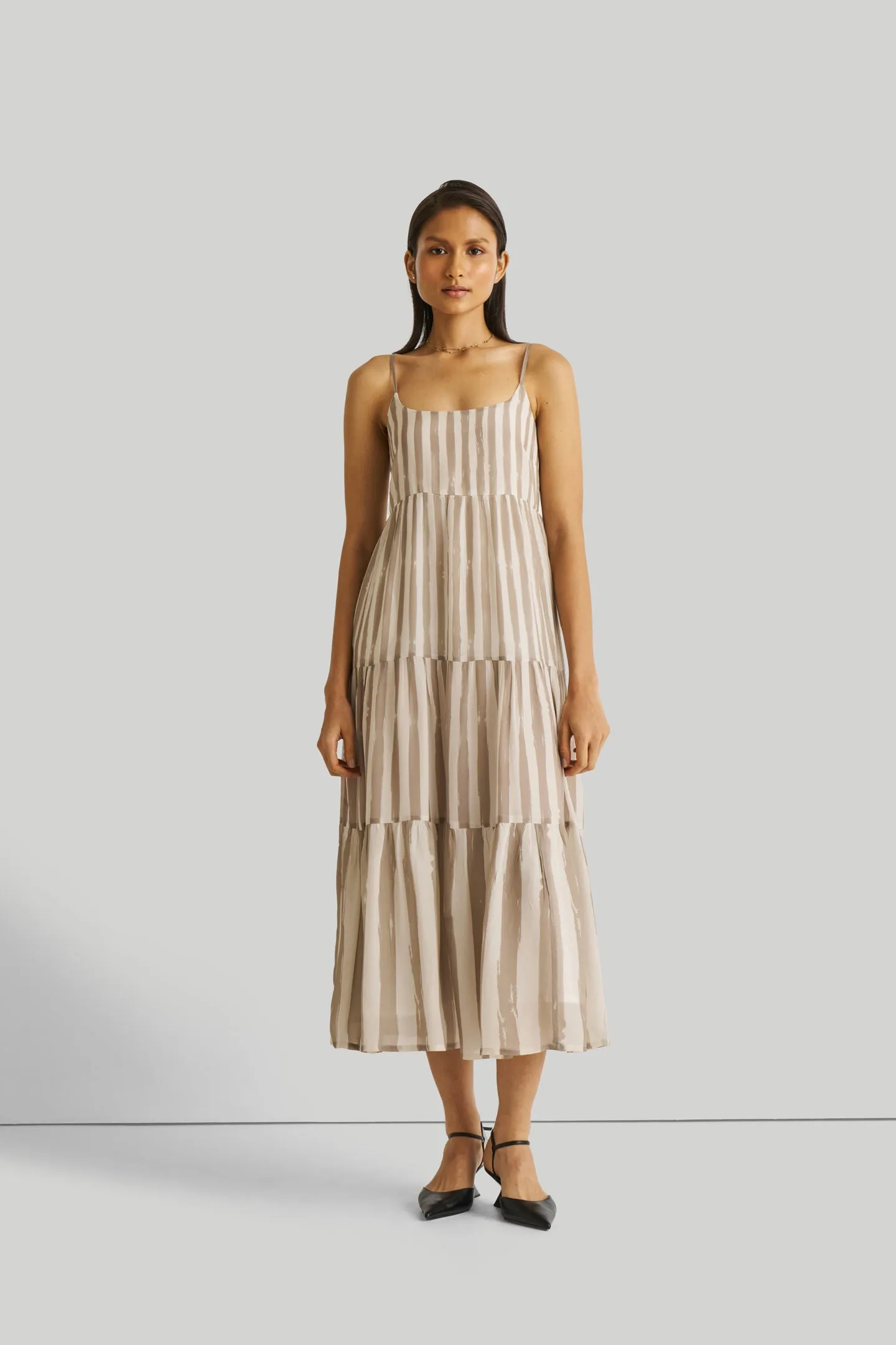 Strappy Tiered Maxi Dress in Beige Stripes