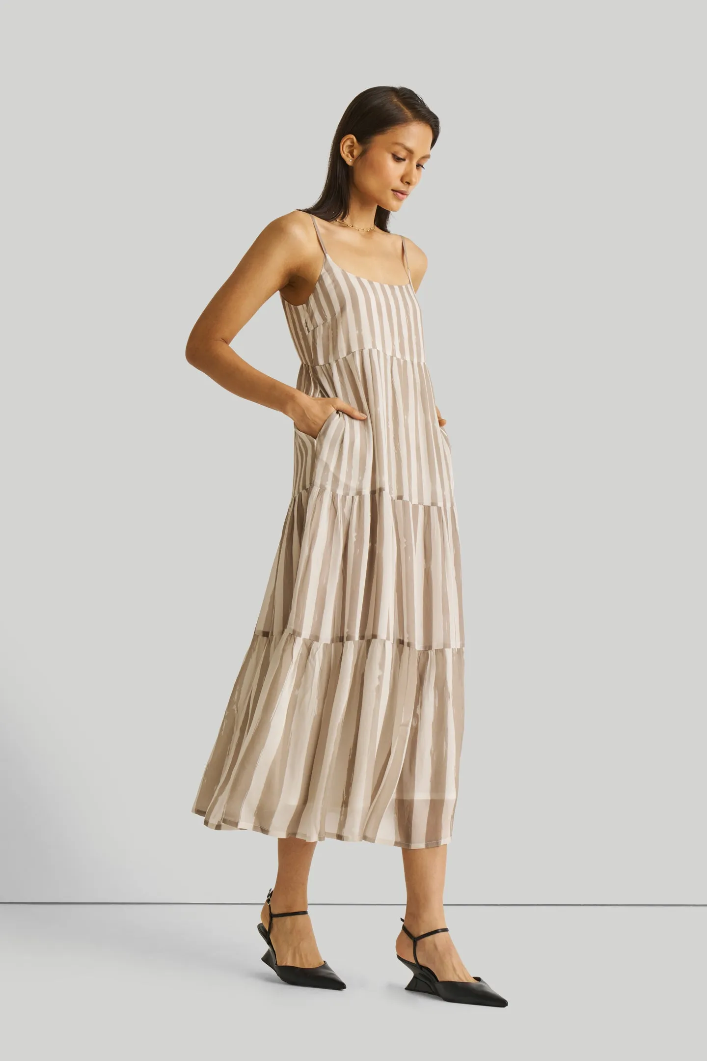 Strappy Tiered Maxi Dress in Beige Stripes