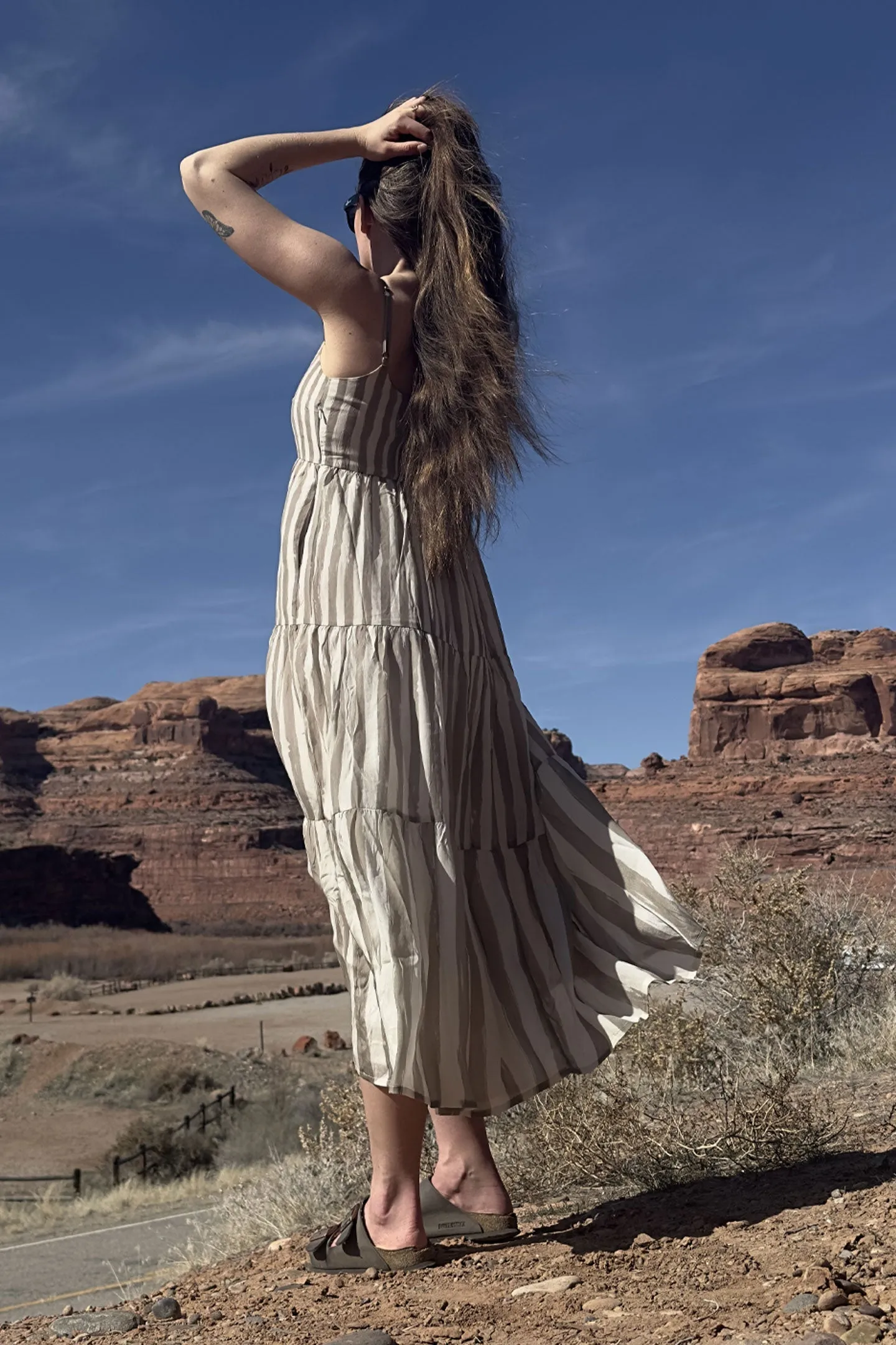 Strappy Tiered Maxi Dress in Beige Stripes