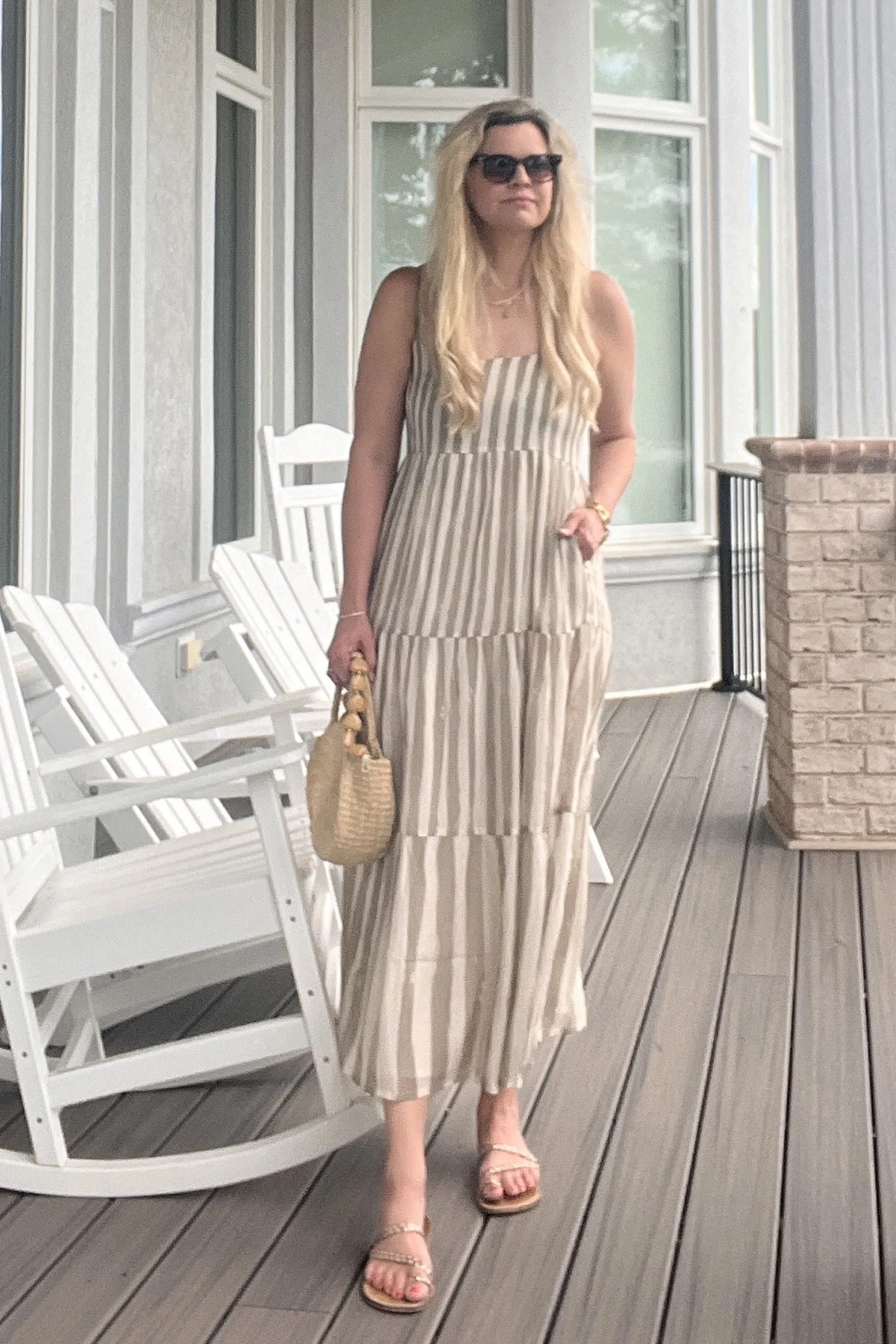 Strappy Tiered Maxi Dress in Beige Stripes