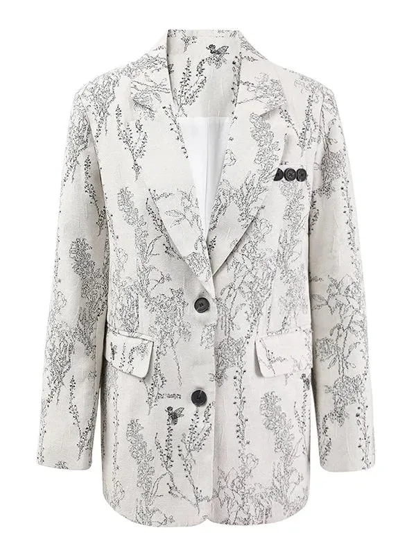 Wenkouban-Winter outfits Christmas Black Friday White Floral Jacquard Two Button Blazer Jacket