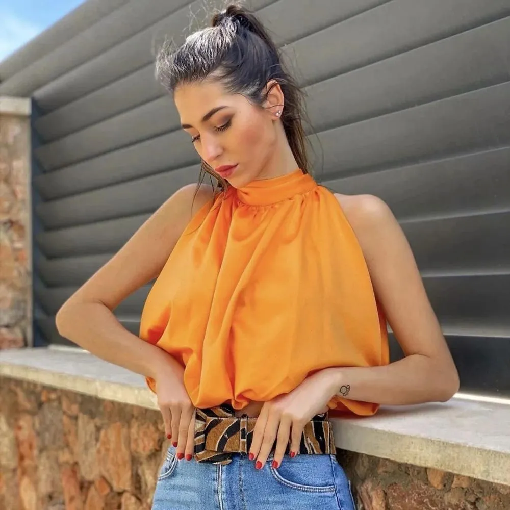 Women’s Bow-Tie Front Blouse – Elegant Crop Top in Orange