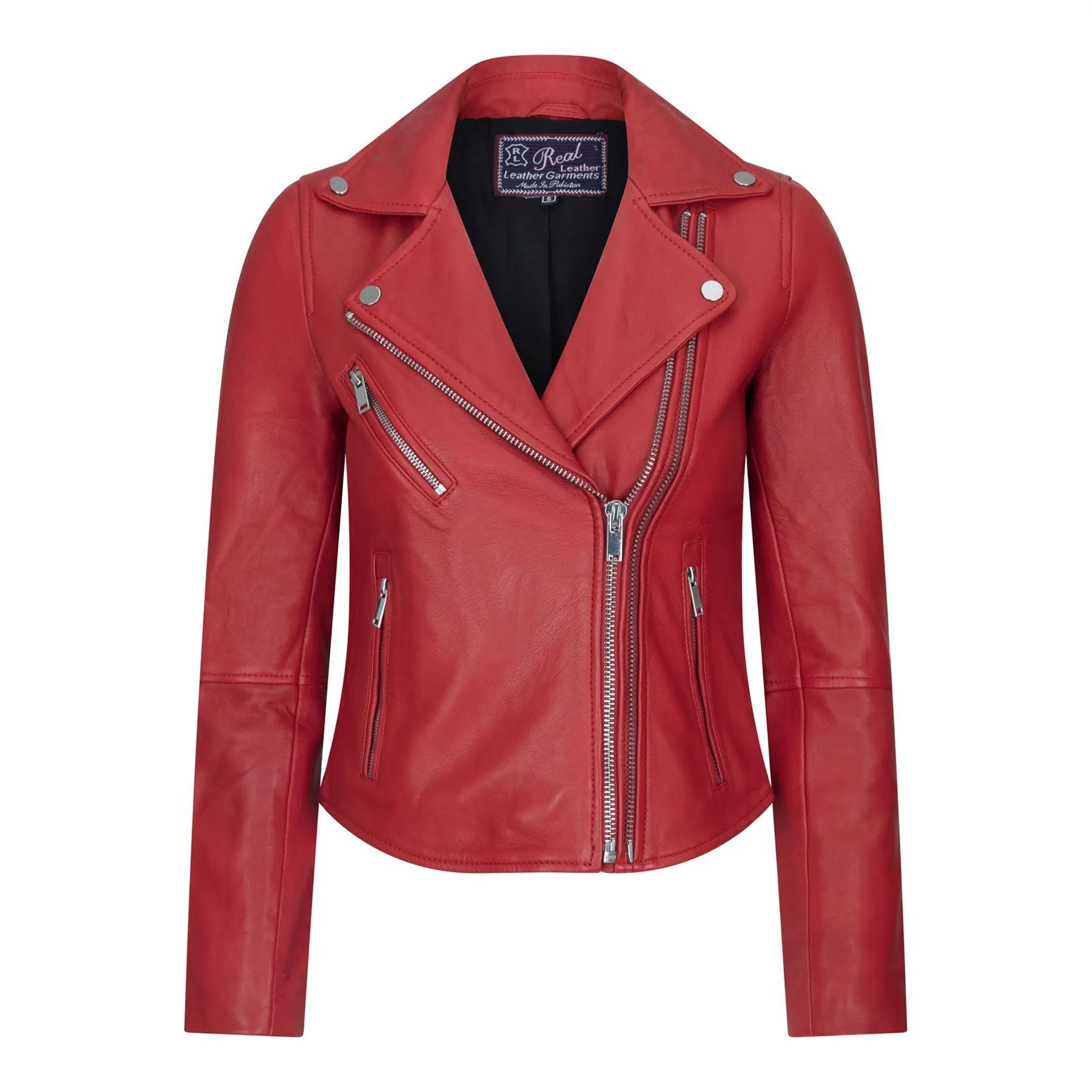 Womens Cross Zip Biker Real Leather Jacket Brando Red Black Retro Classic Motorcycle