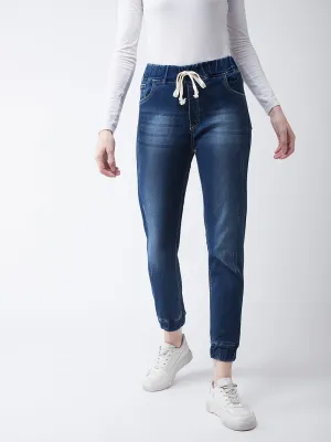 Women's Navy Blue Relaxed Fit Mid Rise Regular Length Scraped Denim Stretchable Jogger Pants