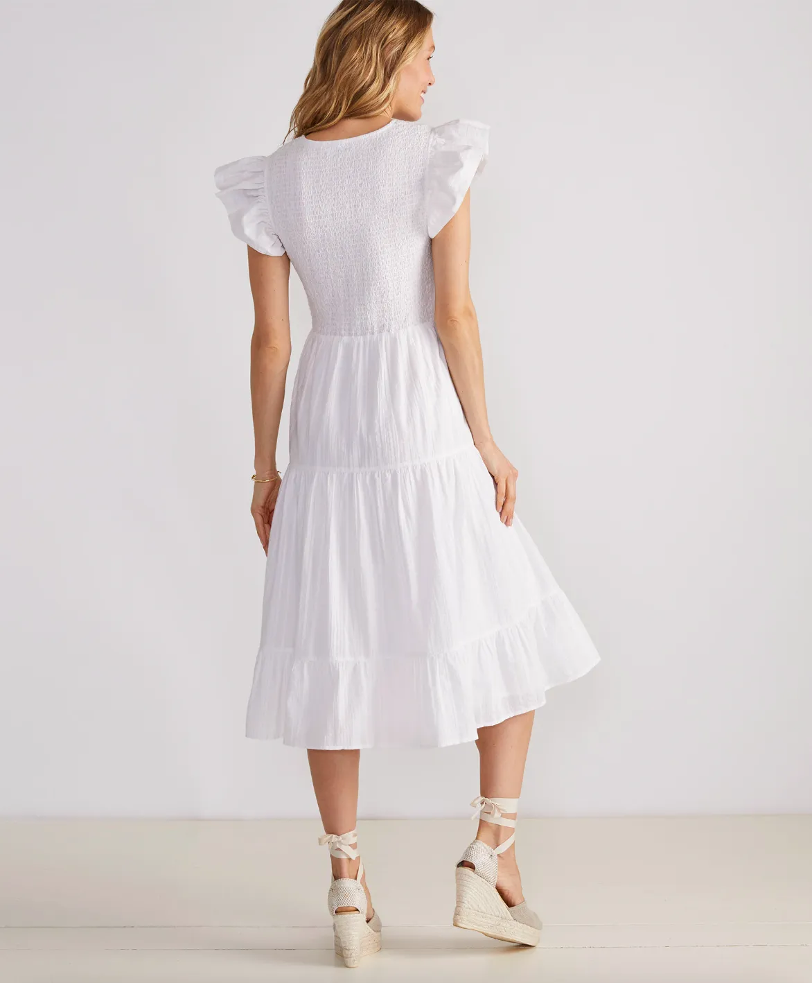 Ws KD Smocked V-Neck Midi Dress White