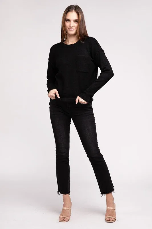 ZENANA Melange Hi-Low hem Round Neck Sweater