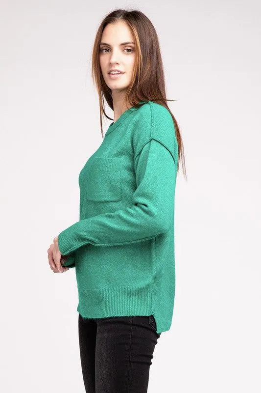 ZENANA Melange Hi-Low hem Round Neck Sweater