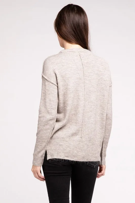 ZENANA Melange Hi-Low hem Round Neck Sweater