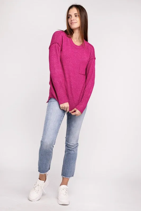 ZENANA Melange Hi-Low hem Round Neck Sweater