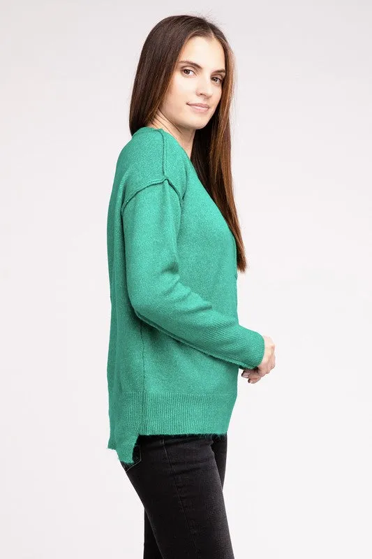 ZENANA Melange Hi-Low hem Round Neck Sweater