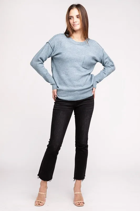 ZENANA Melange Hi-Low hem Round Neck Sweater