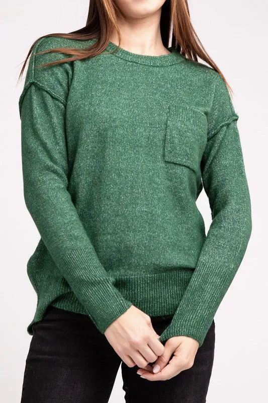 ZENANA Melange Hi-Low hem Round Neck Sweater