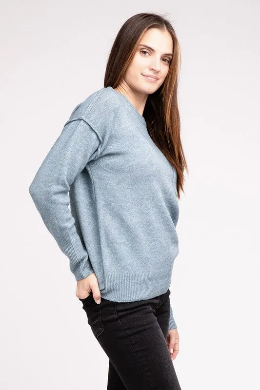 ZENANA Melange Hi-Low hem Round Neck Sweater