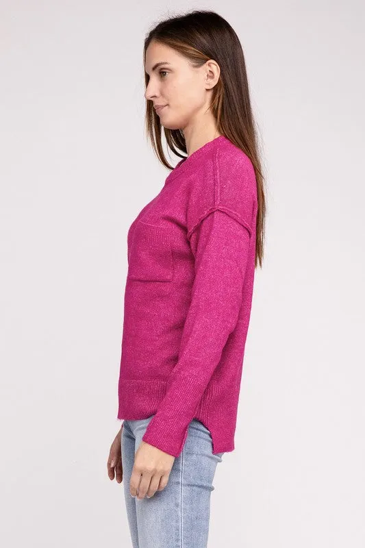 ZENANA Melange Hi-Low hem Round Neck Sweater