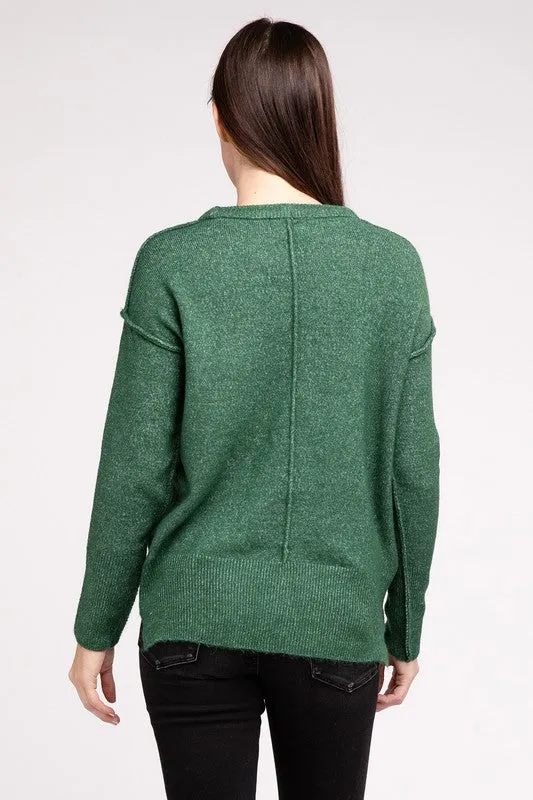 ZENANA Melange Hi-Low hem Round Neck Sweater