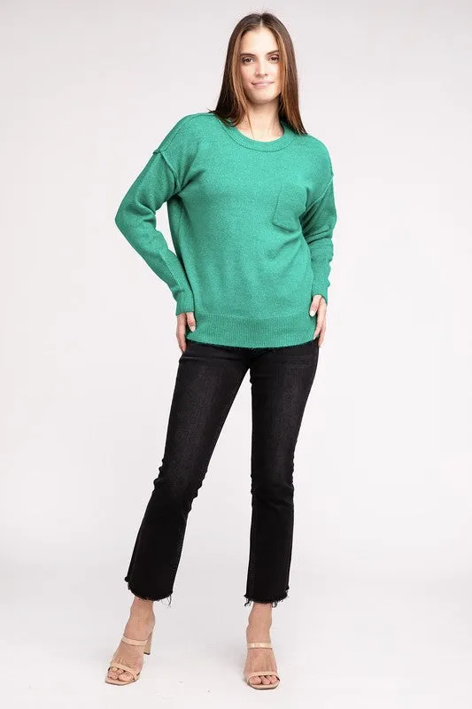 ZENANA Melange Hi-Low hem Round Neck Sweater