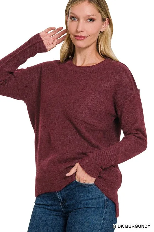 ZENANA Melange Hi-Low hem Round Neck Sweater