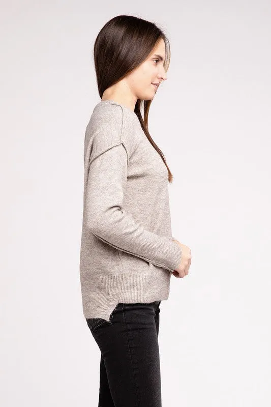 ZENANA Melange Hi-Low hem Round Neck Sweater